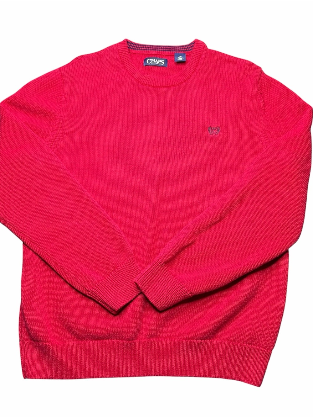 Chaps Men’s Sweater Large Red 100% Cotton Crewneck Knit Pullover Logo L